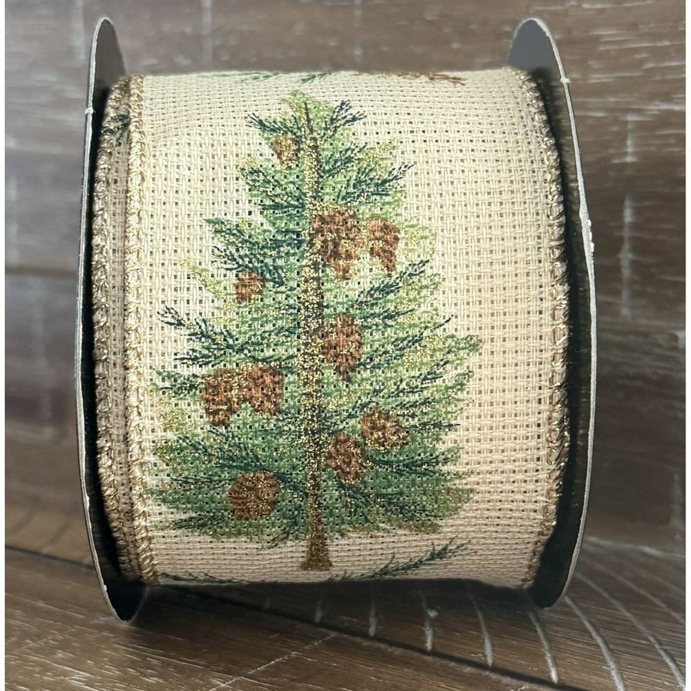 D. Stevens Wired Ribbon 2.5" Christmas Tree Pinecone Natural Metallic Gold Green